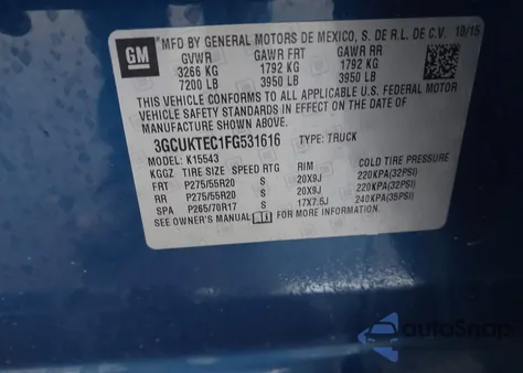 2015 Chevrolet Silverado 1500 High Country z USA, uszkodzony, nr VIN 3GCUKTEC1FG531616